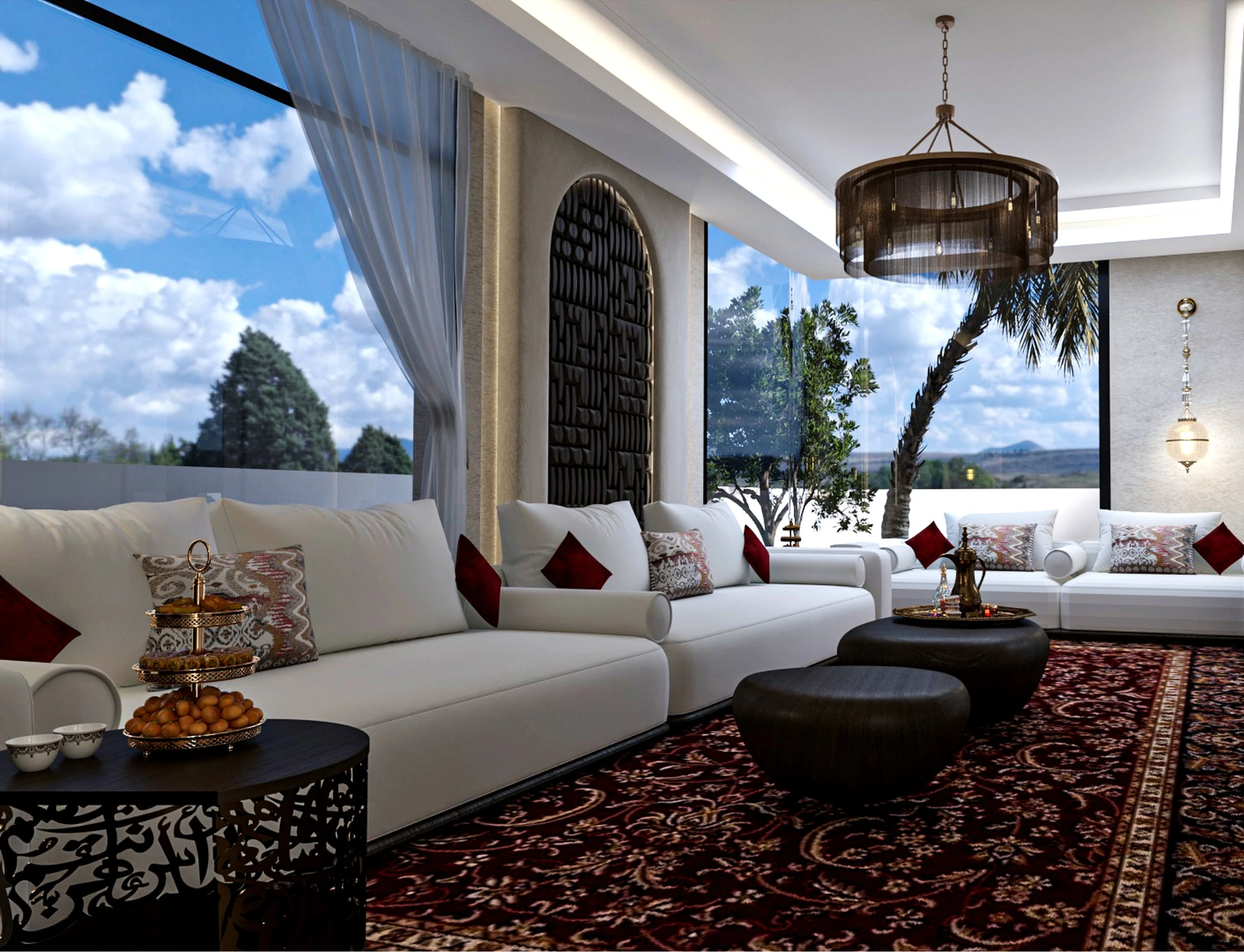 Living area in Al Mustaqarr opening onto the garden, creating a peaceful connection between interior space and nature.