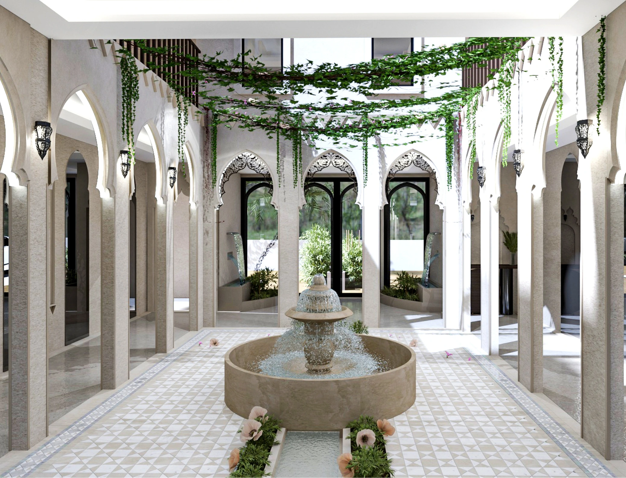 Central courtyard in Al Mustaqarr inspired by traditional Islamic architecture, featuring arches, greenery, and a calming water fountain.