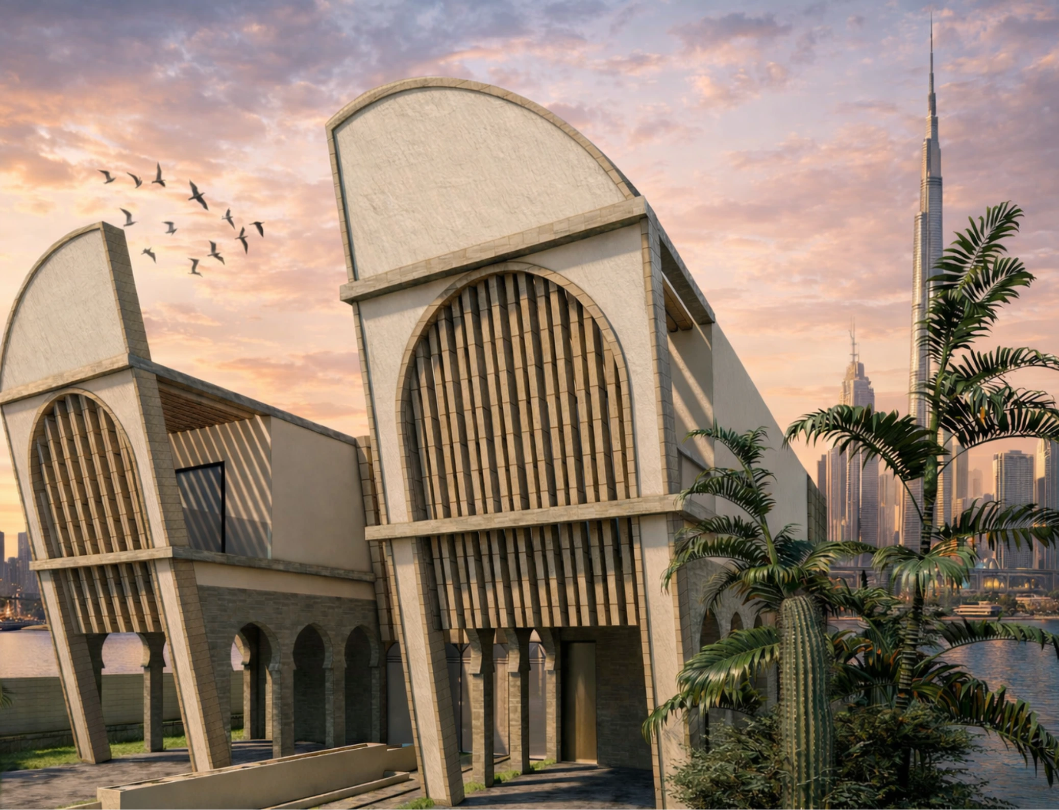 Contemporary villa exterior of Al Mustaqarr blending Islamic architectural heritage with modern proportions and a serene urban setting.