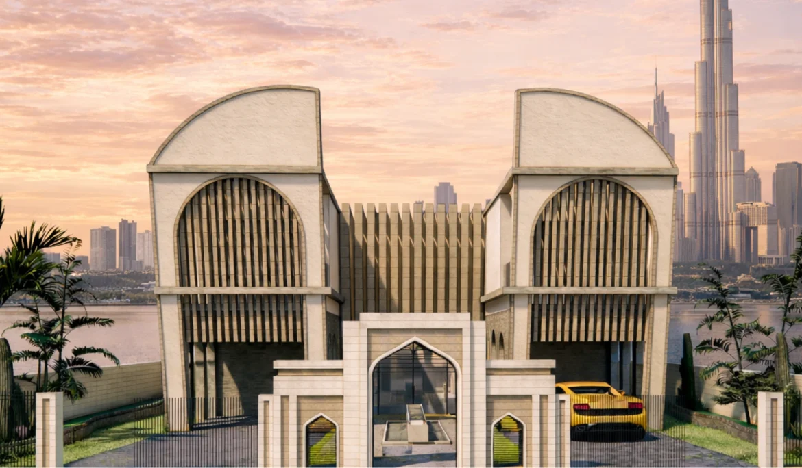 Contemporary villa exterior of Al Mustaqarr blending Islamic architectural heritage with modern proportions and a serene urban setting.
