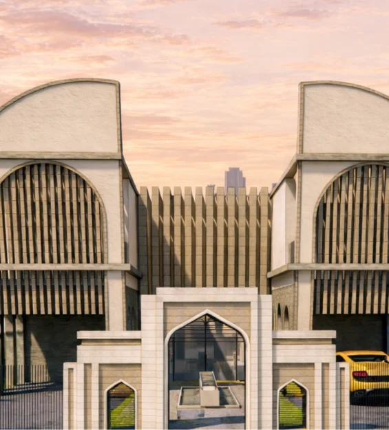 Contemporary villa exterior of Al Mustaqarr blending Islamic architectural heritage with modern proportions and a serene urban setting.