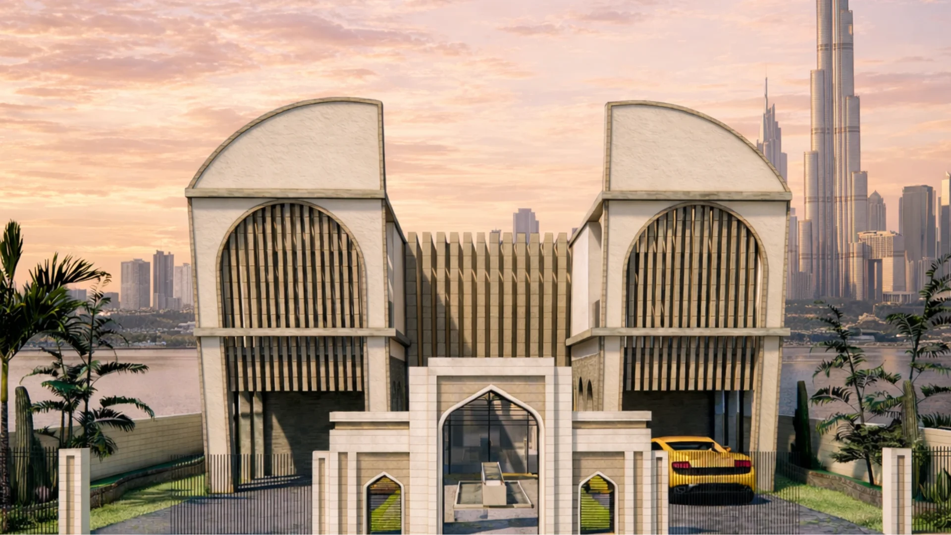 Contemporary villa exterior of Al Mustaqarr blending Islamic architectural heritage with modern proportions and a serene urban setting.