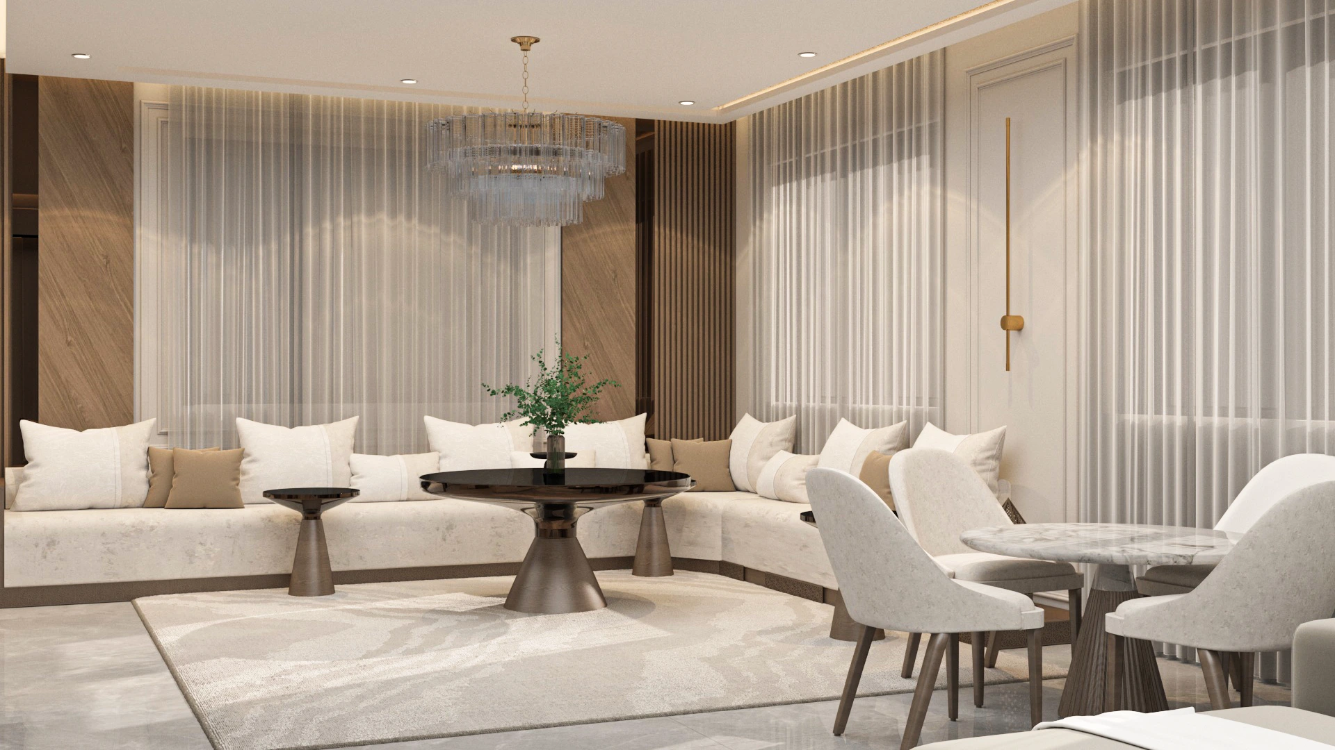 Living spaces in Villa Harmonia featuring warm tones, contemporary furniture, and a harmonious balance between comfort and architectural clarity.