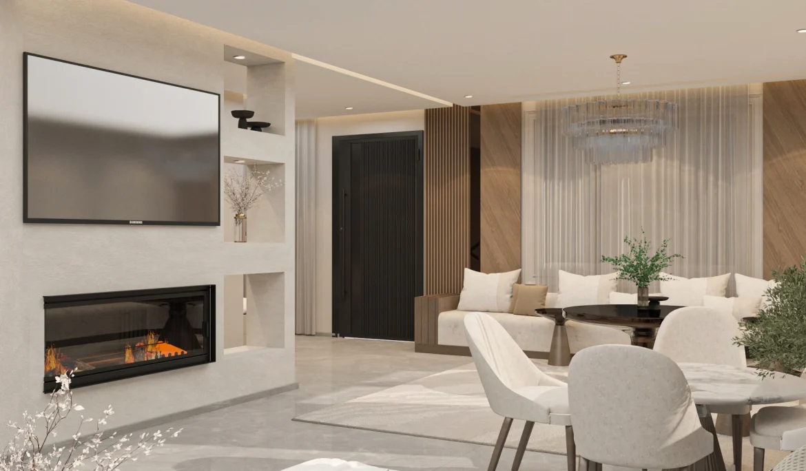 Living spaces in Villa Harmonia featuring warm tones, contemporary furniture, and a harmonious balance between comfort and architectural clarity.