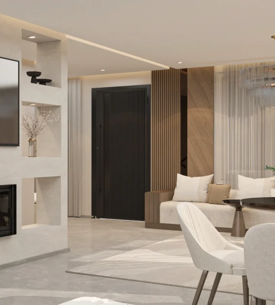 Living spaces in Villa Harmonia featuring warm tones, contemporary furniture, and a harmonious balance between comfort and architectural clarity.