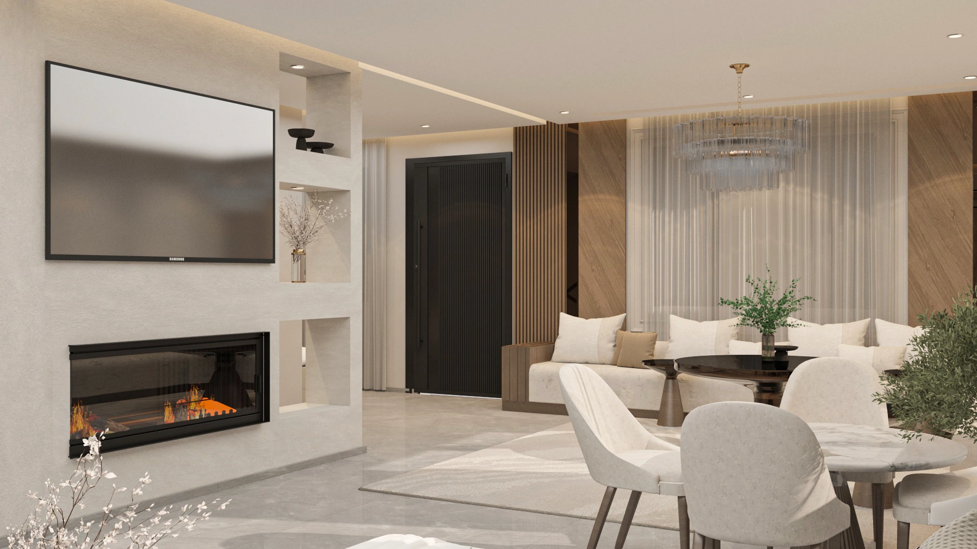 Living spaces in Villa Harmonia featuring warm tones, contemporary furniture, and a harmonious balance between comfort and architectural clarity.