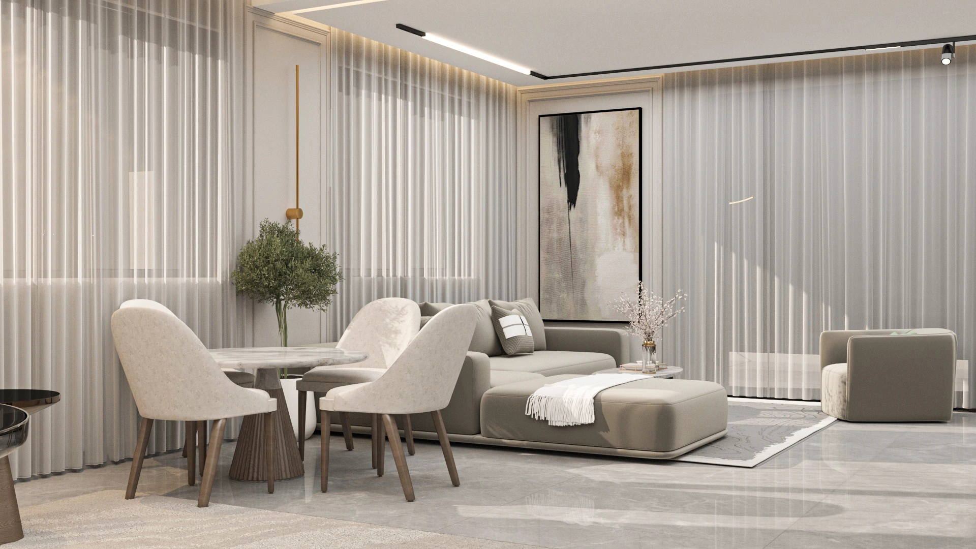 Living spaces in Villa Harmonia featuring warm tones, contemporary furniture, and a harmonious balance between comfort and architectural clarity.