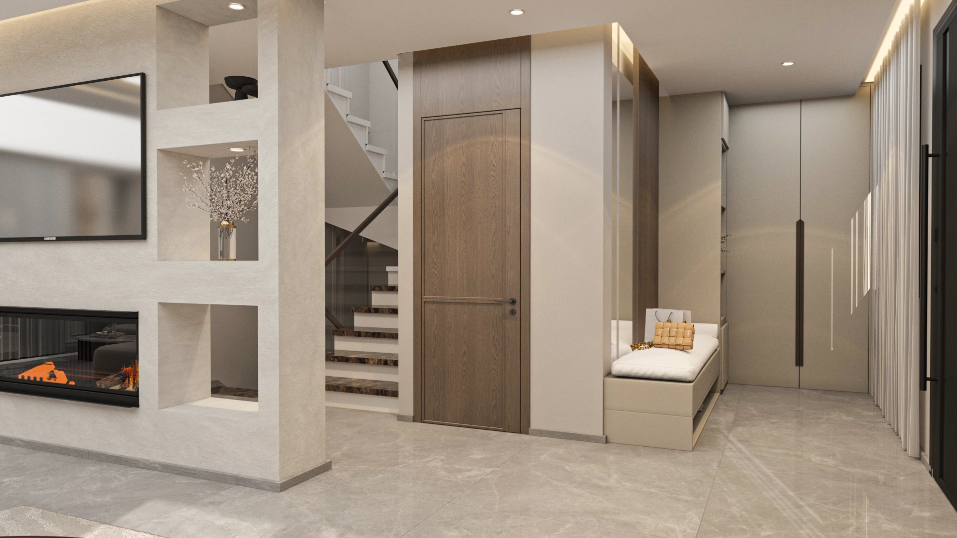 Living spaces in Villa Harmonia featuring warm tones, contemporary furniture, and a harmonious balance between comfort and architectural clarity.