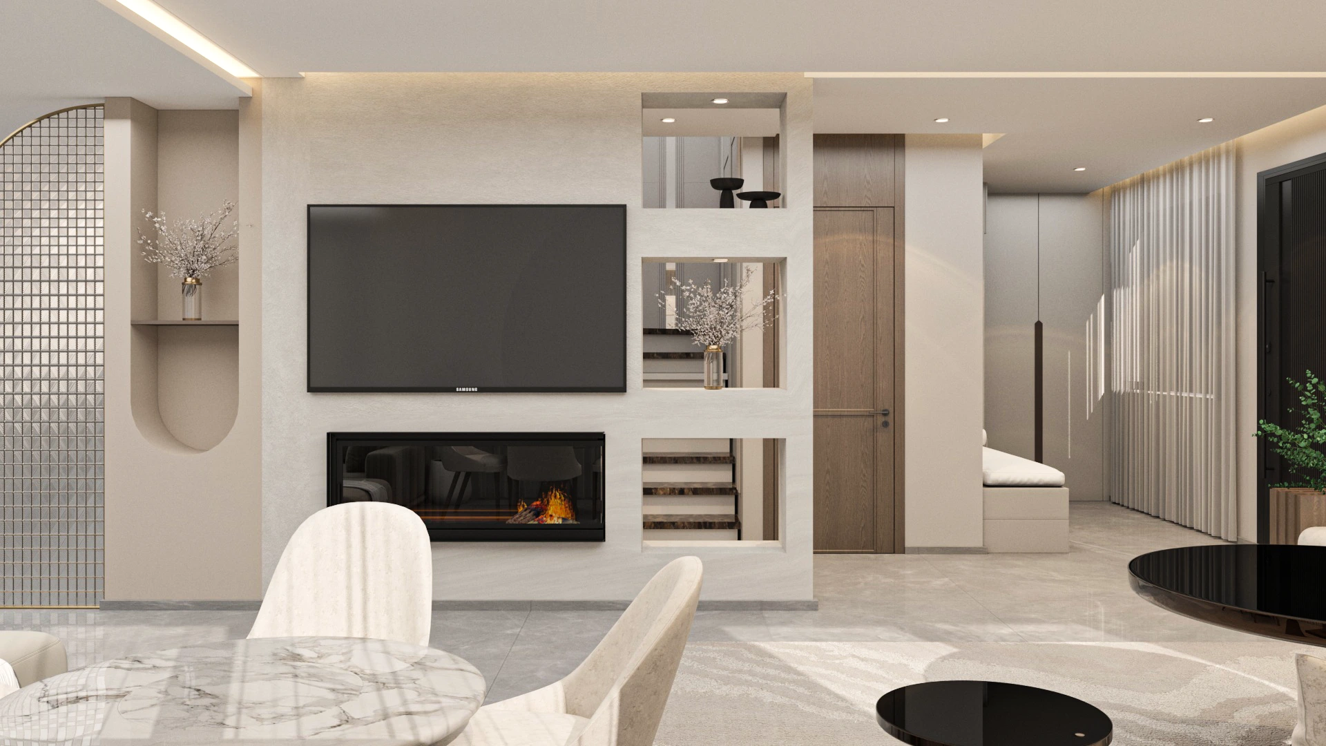 Living spaces in Villa Harmonia featuring warm tones, contemporary furniture, and a harmonious balance between comfort and architectural clarity.