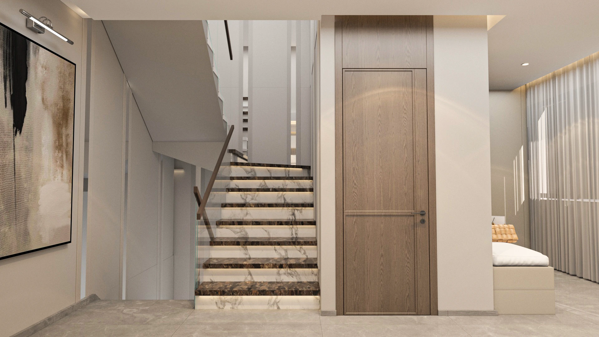 Living spaces in Villa Harmonia featuring warm tones, contemporary furniture, and a harmonious balance between comfort and architectural clarity.