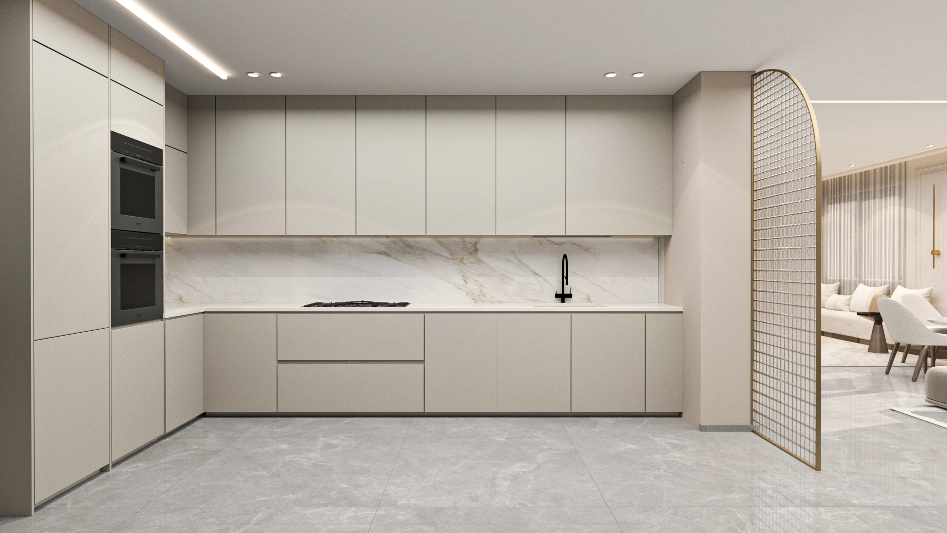 Modern kitchen in Villa Harmonia combining clean lines, refined materials, and functional layout designed for elegant everyday living.