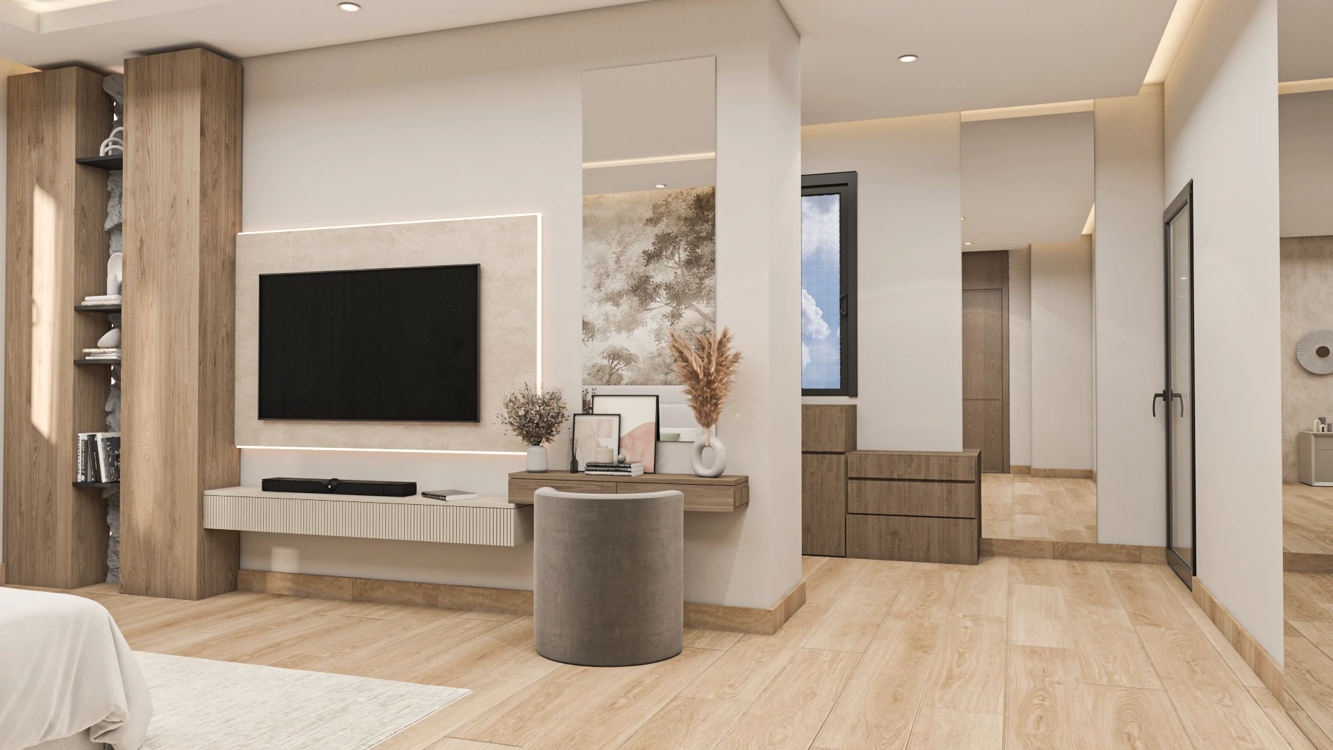 Living spaces in Villa Harmonia featuring warm tones, contemporary furniture, and a harmonious balance between comfort and architectural clarity.