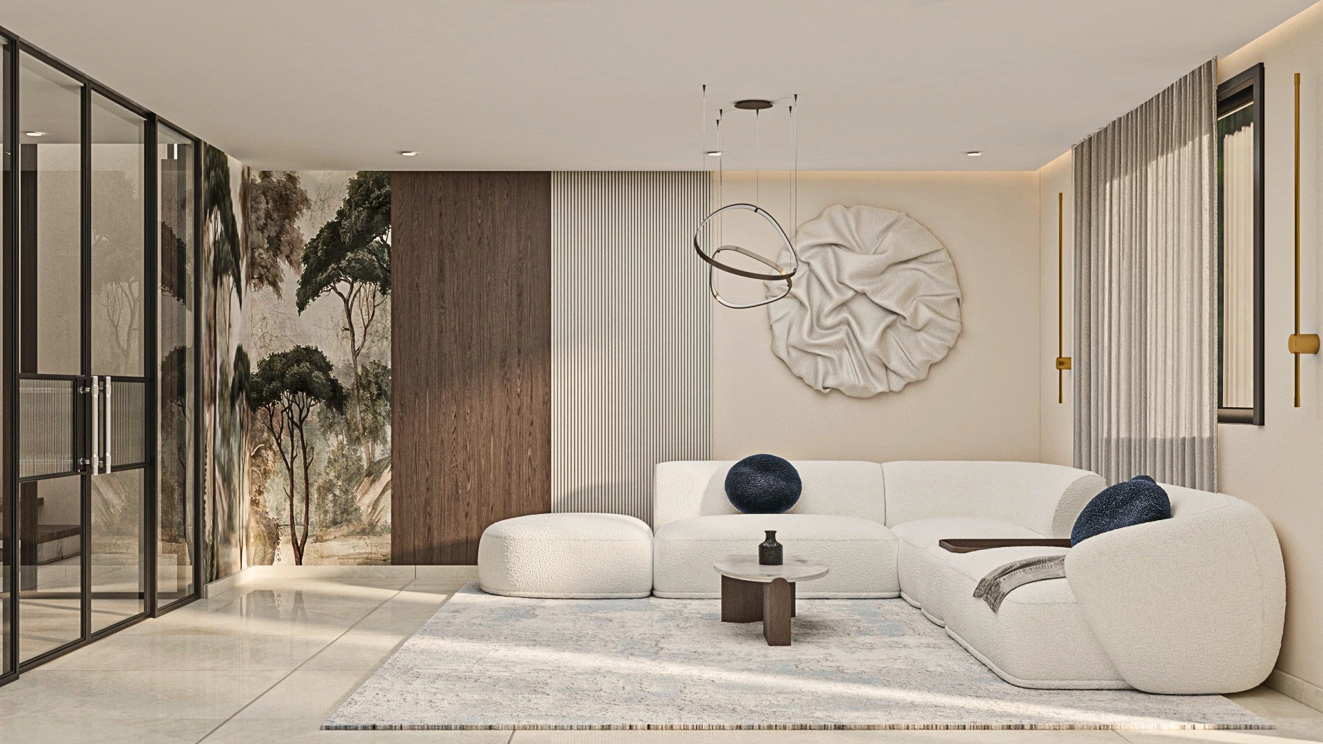 Living spaces in Villa Harmonia featuring warm tones, contemporary furniture, and a harmonious balance between comfort and architectural clarity.