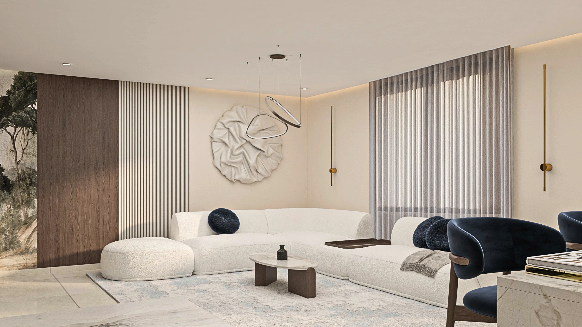 Living spaces in Villa Harmonia featuring warm tones, contemporary furniture, and a harmonious balance between comfort and architectural clarity.