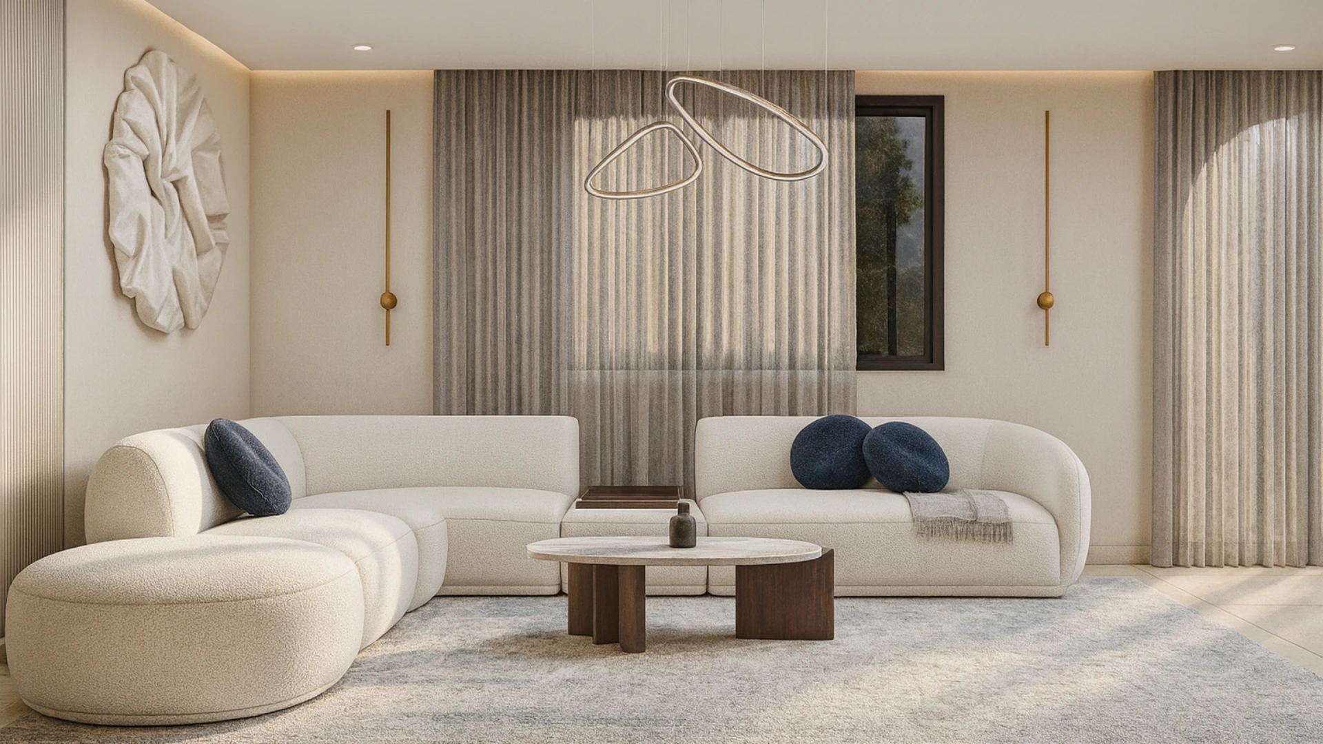 Living spaces in Villa Harmonia featuring warm tones, contemporary furniture, and a harmonious balance between comfort and architectural clarity.