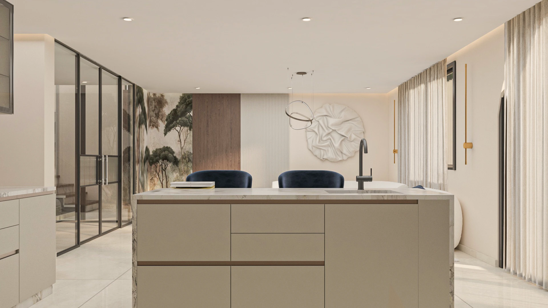 Modern kitchen in Villa Harmonia combining clean lines, refined materials, and functional layout designed for elegant everyday living.