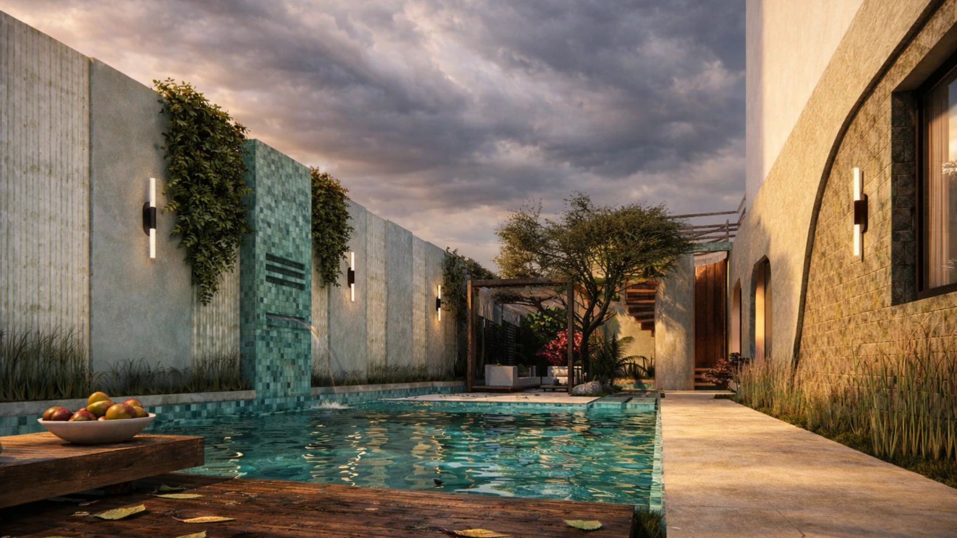 Exterior pool area of Villa Harmonia featuring a contemporary design, natural materials, and a serene connection between architecture and landscape.