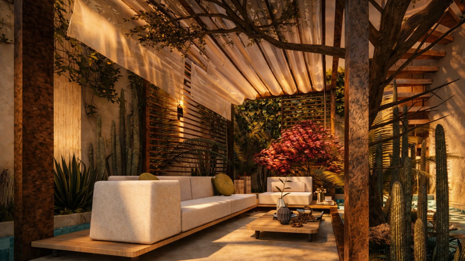 Exterior pool area of Villa Harmonia featuring a contemporary design, natural materials, and a serene connection between architecture and landscape.