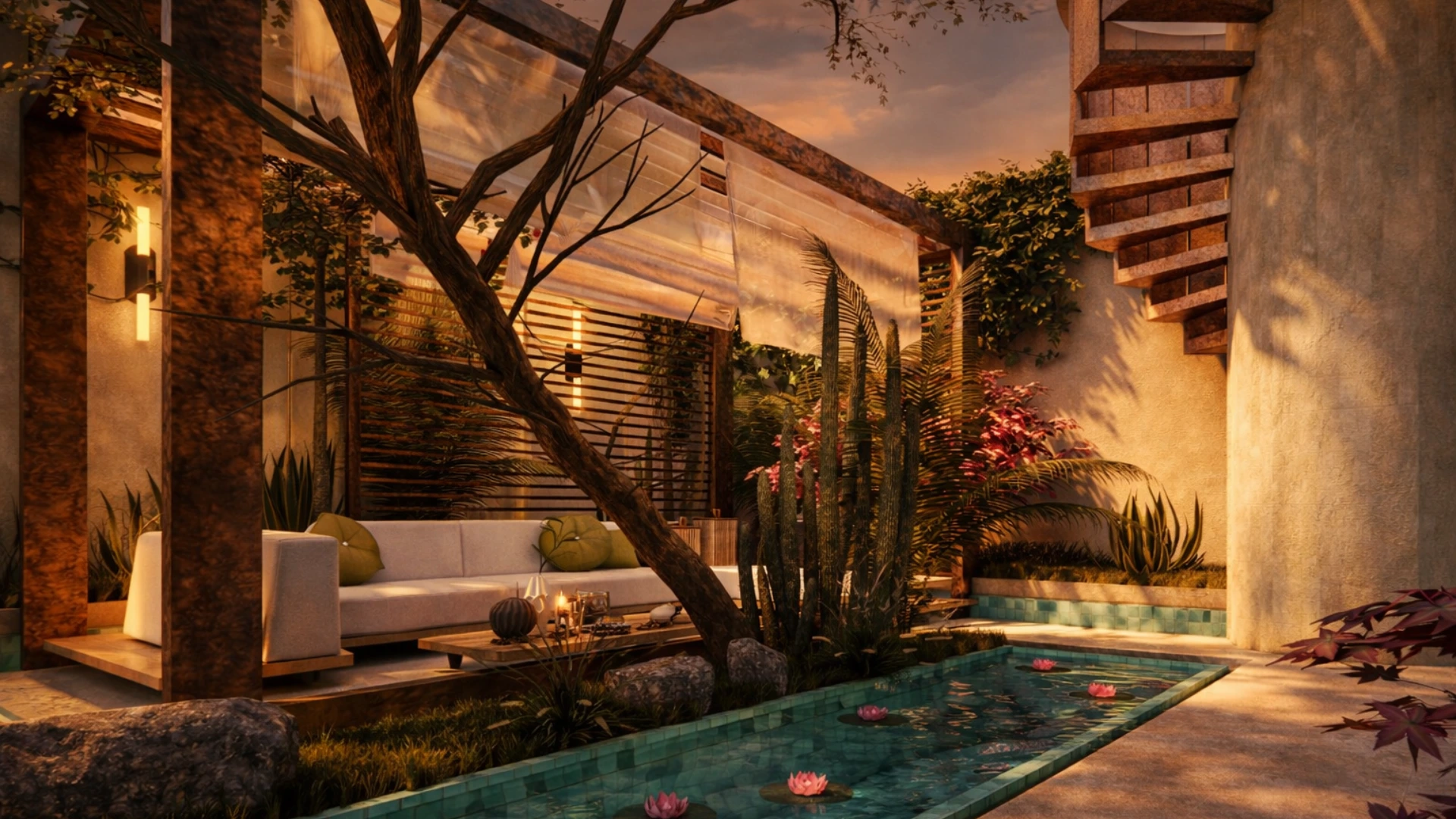 Exterior pool area of Villa Harmonia featuring a contemporary design, natural materials, and a serene connection between architecture and landscape.