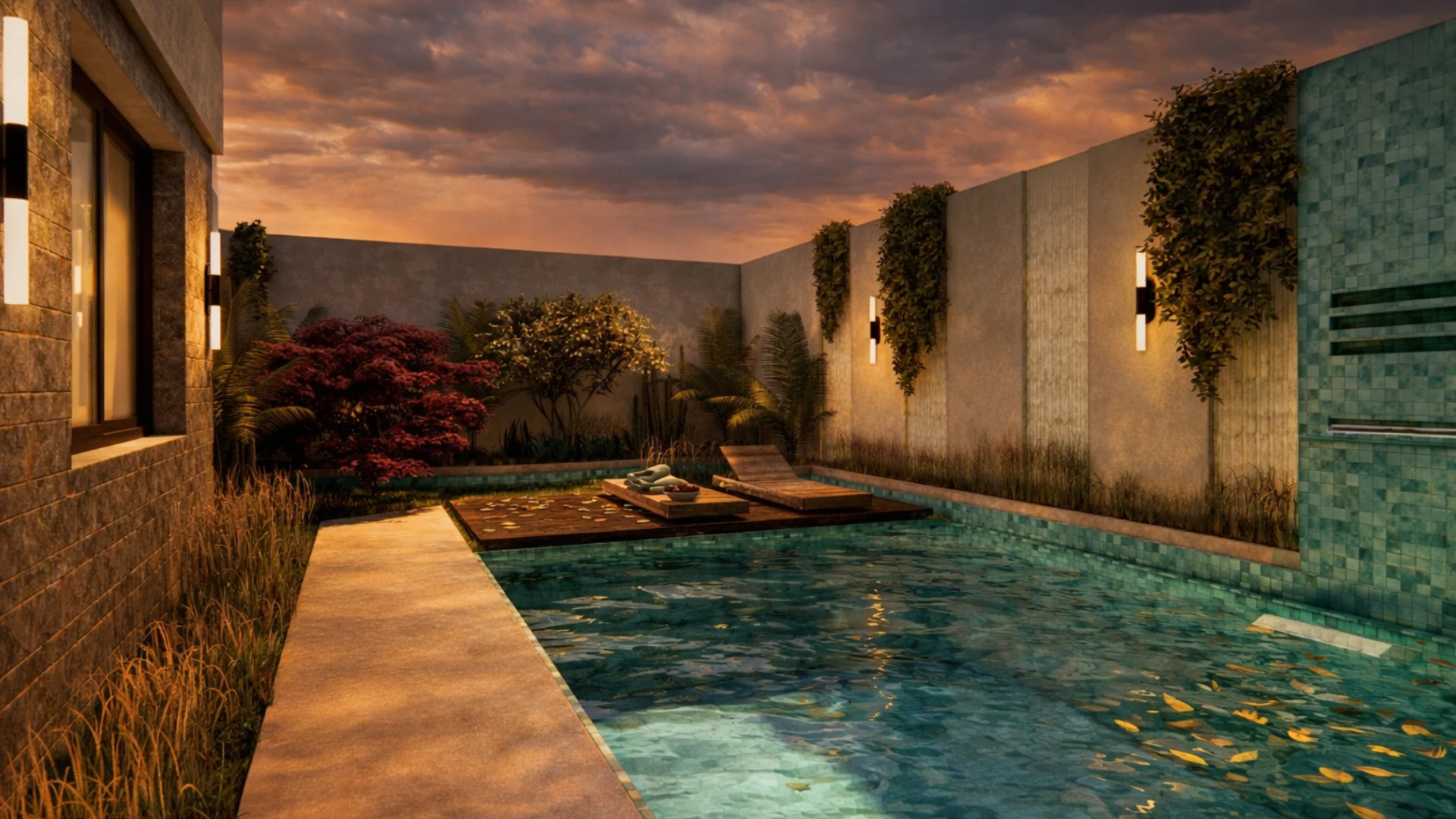 Exterior pool area of Villa Harmonia featuring a contemporary design, natural materials, and a serene connection between architecture and landscape.