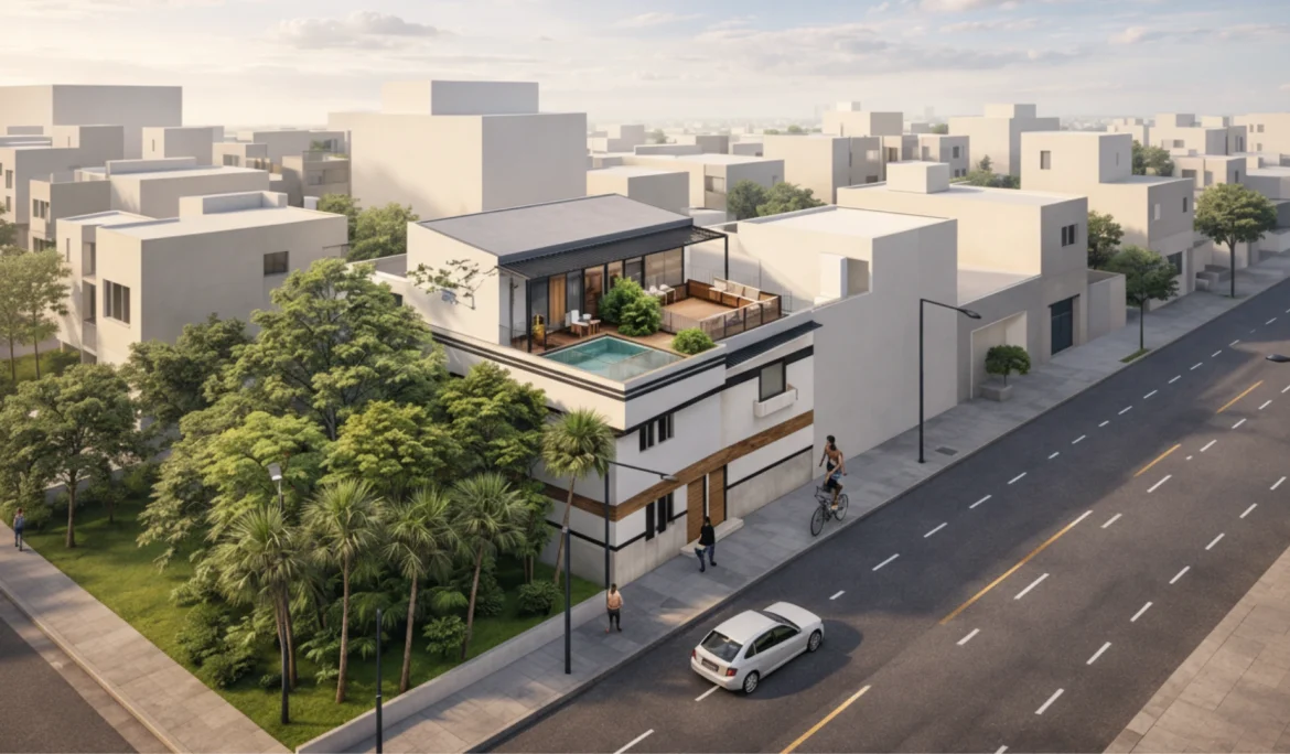 Aerial view of Maison Re:Form, a contemporary house renovation project in Laâyoune featuring restructured volumes and rooftop outdoor spaces.
