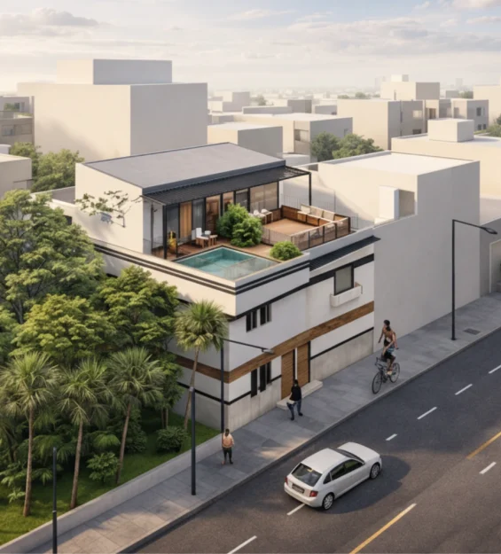 Aerial view of Maison Re:Form, a contemporary house renovation project in Laâyoune featuring restructured volumes and rooftop outdoor spaces.