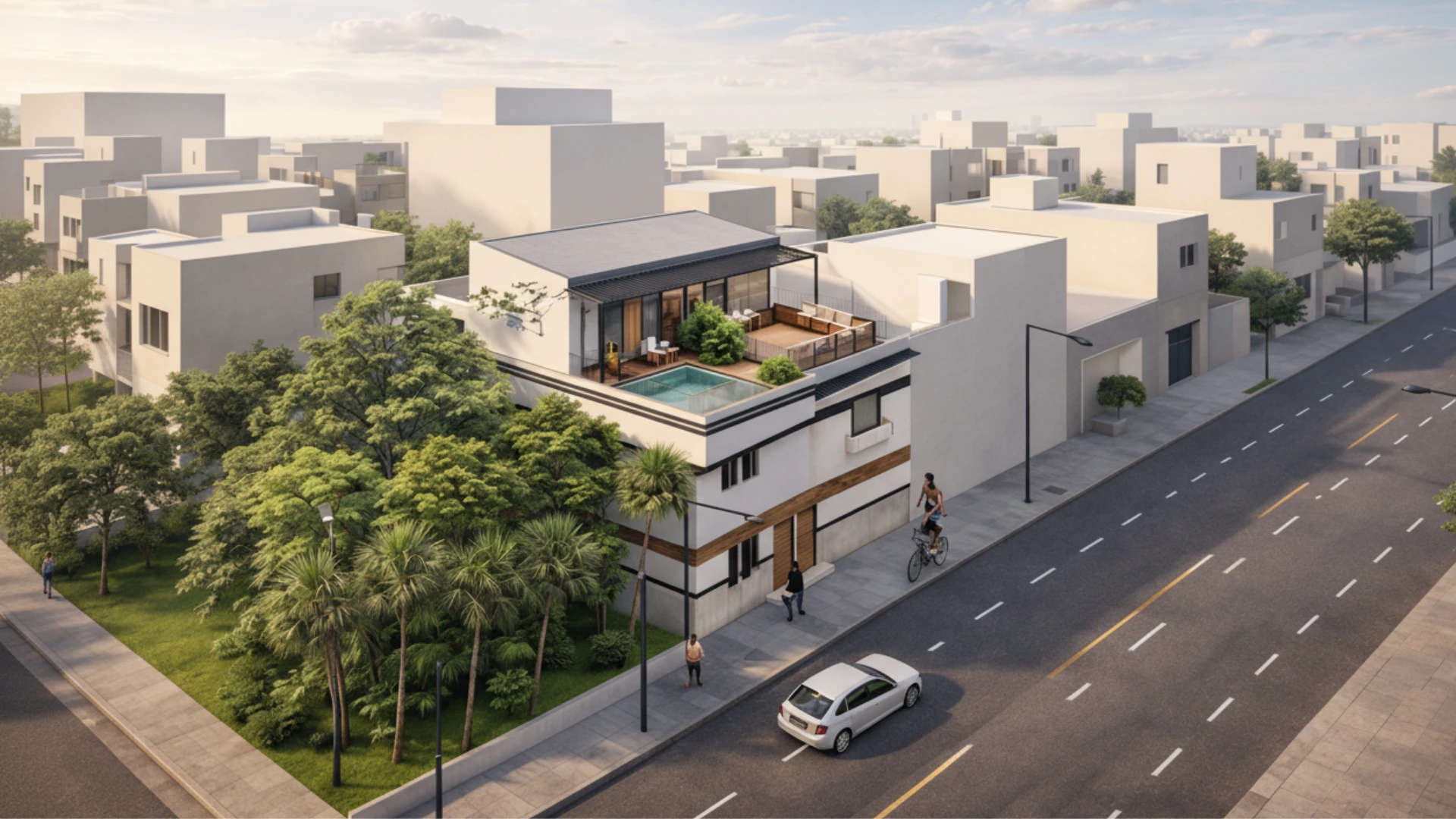 Aerial view of Maison Re:Form, a contemporary house renovation project in Laâyoune featuring restructured volumes and rooftop outdoor spaces.